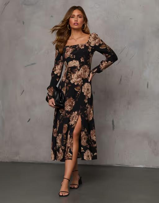 A woman wearing Vici Collection back to you floral midi dress