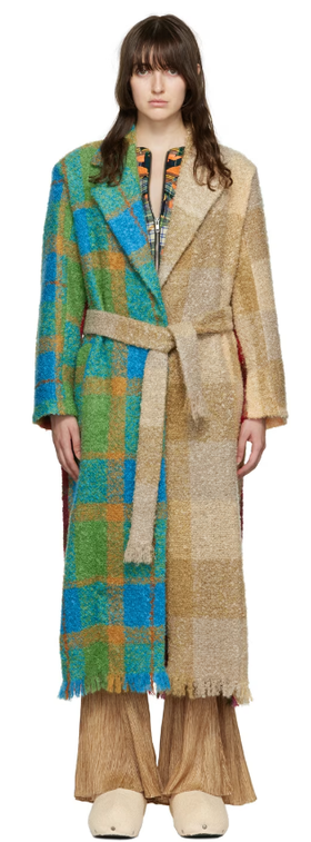 A woman wearing Rave Review multicolor lola fuzzy coat