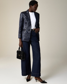 A woman wearing Christopher John Roger x j.Crew relaxed blazer in metallic stripe