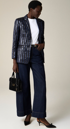 A woman wearing Christopher John Roger x j.Crew relaxed blazer in metallic stripe