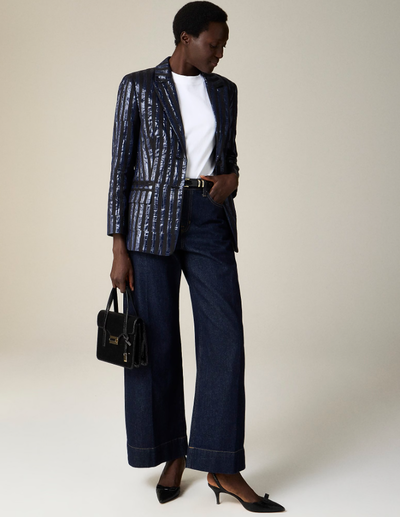 A woman wearing Christopher John Roger x j.Crew relaxed blazer in metallic stripe