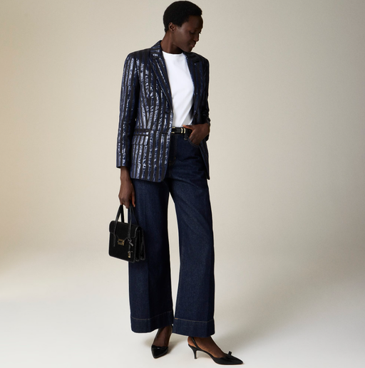 A woman wearing Christopher John Roger x j.Crew relaxed blazer in metallic stripe