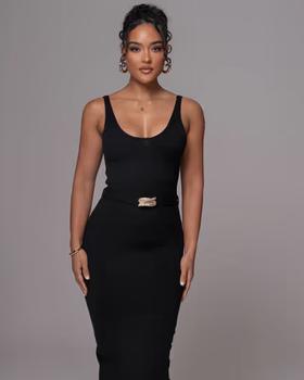 A woman wearing JLUXLABEL black belted envy midi dress
