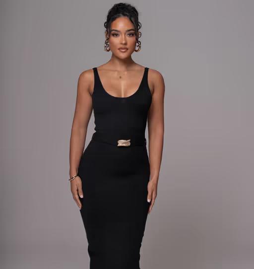A woman wearing JLUXLABEL black belted envy midi dress