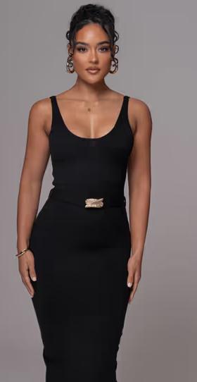 A woman wearing JLUXLABEL black belted envy midi dress