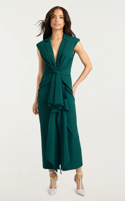 A woman wearing Cinq à Sept green onyx padma dress