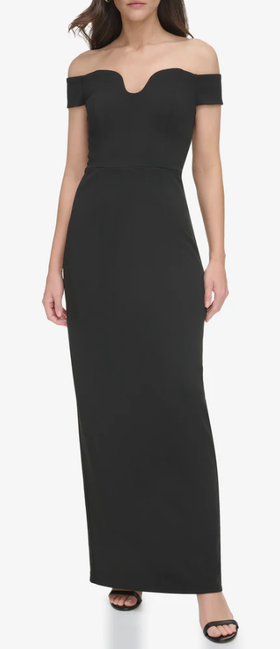 A woman wearing Vince Camuto off-the-shoulder contoured-neckline gown