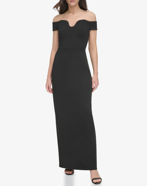 A woman wearing Vince Camuto off-the-shoulder contoured-neckline gown