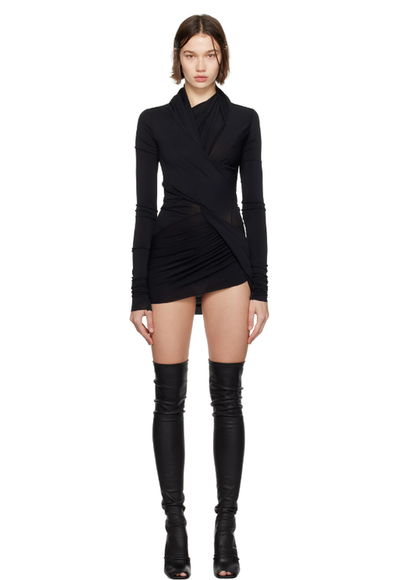 A woman wearing Rick Owens Lilies black porterville magnetic ls minidress