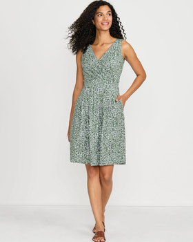 A woman wearing Lands End women's front fit and flare dress