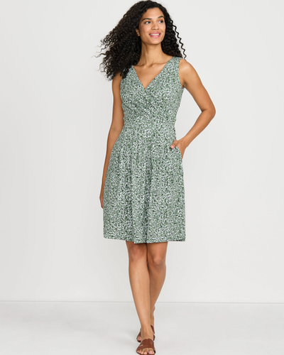A woman wearing Lands End women's front fit and flare dress