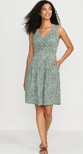 A woman wearing Lands End women's front fit and flare dress
