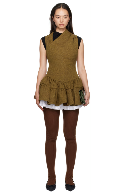 A woman wearing SHUSHU/TONG brown multilayer bubble minidress