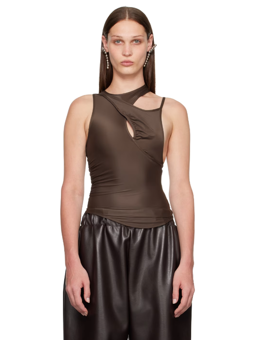 A woman wearing SELASI brown strap tank top