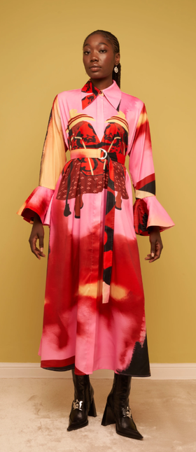 A woman wearing Thebe Magugu basotho lobola heritage dress