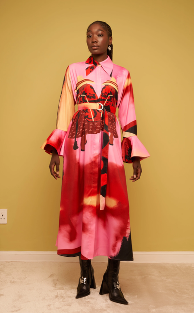 A woman wearing Thebe Magugu basotho lobola heritage dress