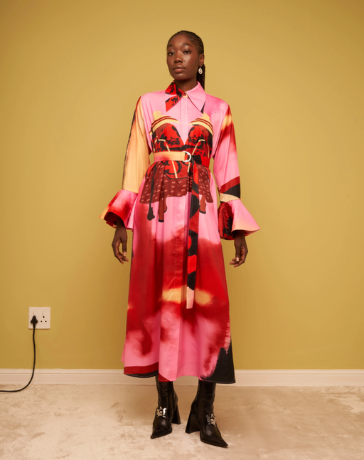 A woman wearing Thebe Magugu basotho lobola heritage dress