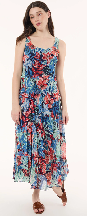 A woman wearing Jones New York maxi multi-tiered dress, printed chiffon