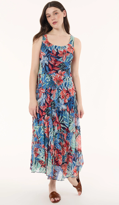 A woman wearing Jones New York maxi multi-tiered dress, printed chiffon