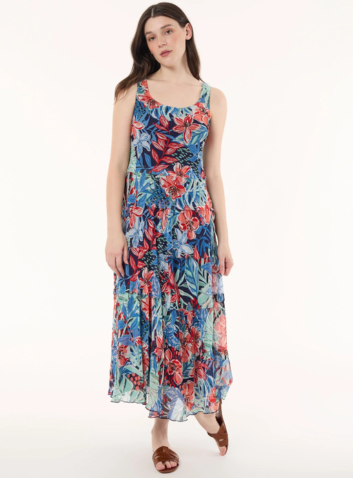 A woman wearing Jones New York maxi multi-tiered dress, printed chiffon