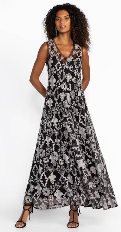 A woman wearing Johnny Was black mazzy bias dress