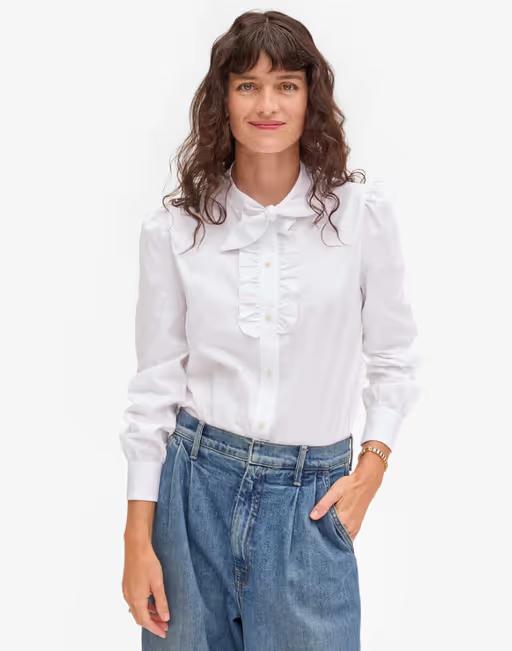 A woman wearing clare v​ white cotton oxford pia blouse