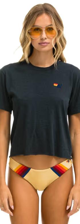 A woman wearing Aviator Nation​ basic boyfriend tee - charcoal