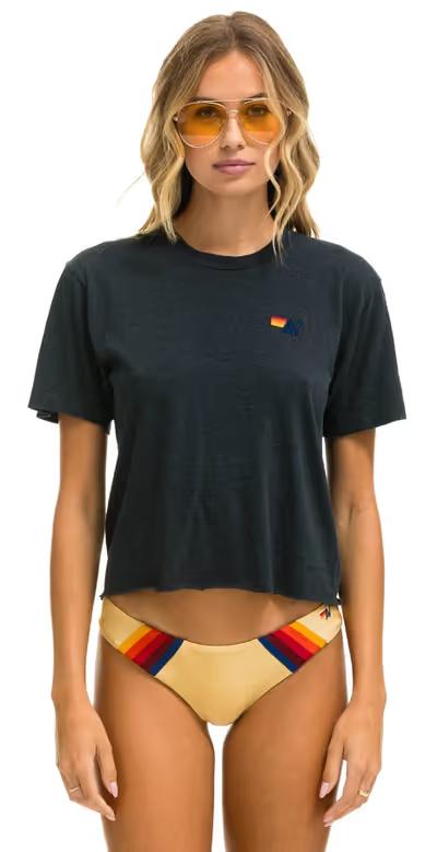 A woman wearing Aviator Nation​ basic boyfriend tee - charcoal