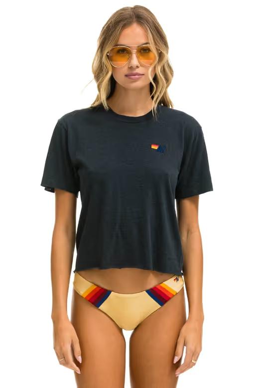 A woman wearing Aviator Nation​ basic boyfriend tee - charcoal