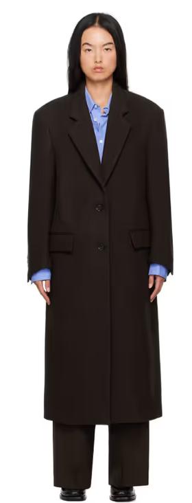 A woman wearing Recto brown single breasted tailored coat