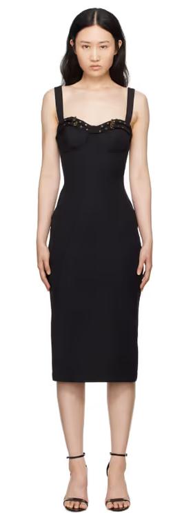 A woman wearing Versace Jeans Couture black baroque buckle bustier midi dress