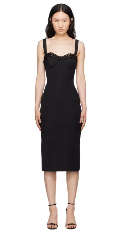 A woman wearing Versace Jeans Couture black baroque buckle bustier midi dress