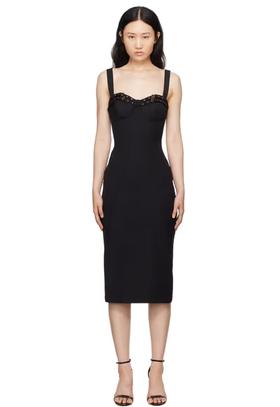 A woman wearing Versace Jeans Couture black baroque buckle bustier midi dress