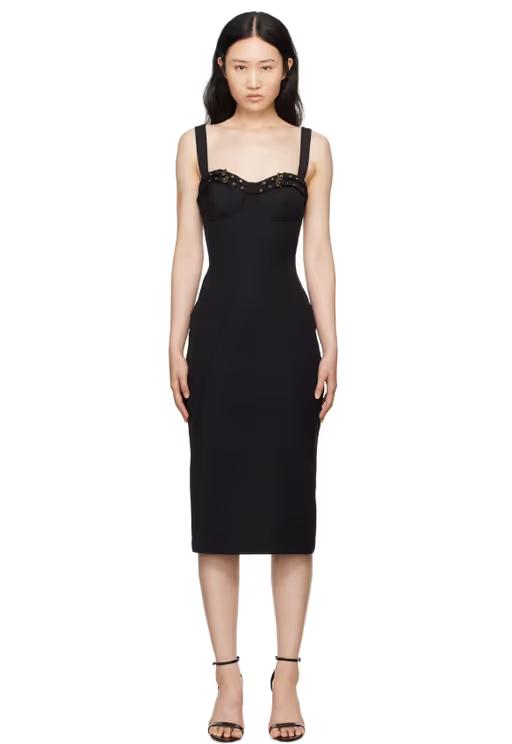 A woman wearing Versace Jeans Couture black baroque buckle bustier midi dress