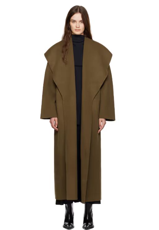 A woman wearing TOVE khaki ondine coat