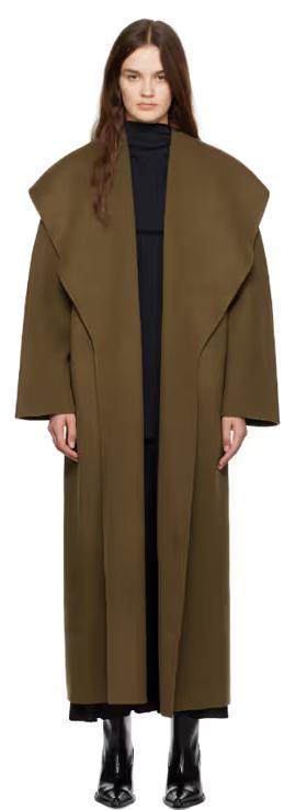 A woman wearing TOVE khaki ondine coat