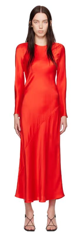 A woman wearing Silk Laundry red full sleeve bias maxi dress