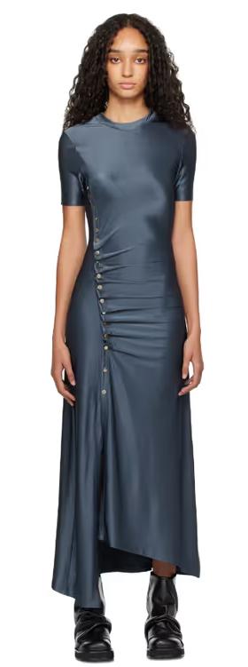 A woman wearing Rabanne gray long gathered midi dress