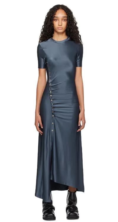 A woman wearing Rabanne gray long gathered midi dress
