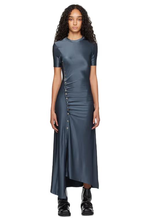 A woman wearing Rabanne gray long gathered midi dress