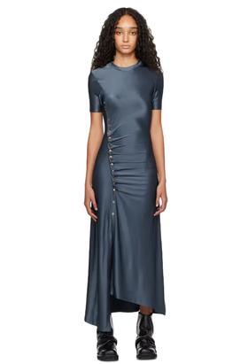 A woman wearing Rabanne gray long gathered midi dress