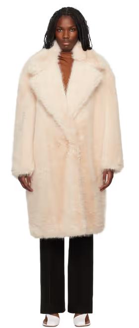 A woman wearing Sportmax pink notched lapel faux-fur coat