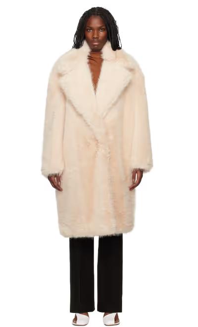 A woman wearing Sportmax pink notched lapel faux-fur coat