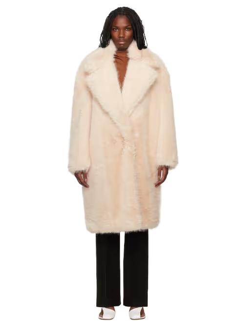 A woman wearing Sportmax pink notched lapel faux-fur coat