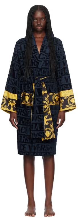 A woman wearing Versace Underwear navy 'I heart baroque' robe