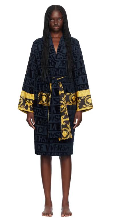 A woman wearing Versace Underwear navy 'I heart baroque' robe