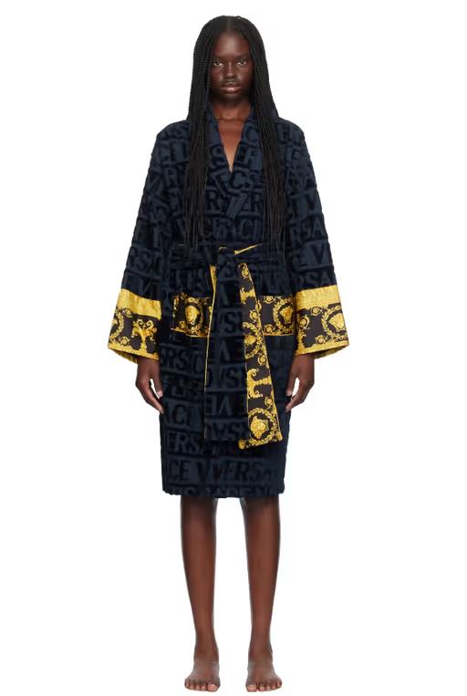 A woman wearing Versace Underwear navy 'I heart baroque' robe
