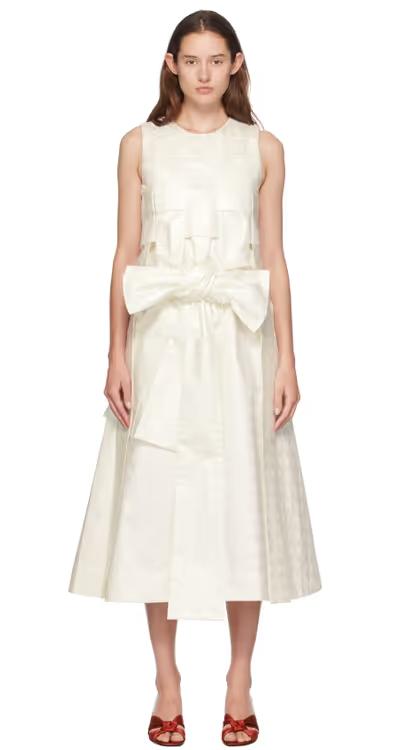 A woman wearing SUPER YAYA off-white linda beatrice midi dress