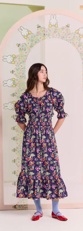A woman wearing Cath Kidston cath kidston navy botanical poplin 100% cotton dress
