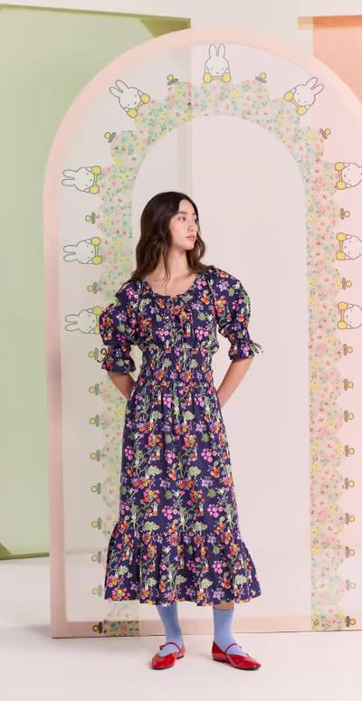 A woman wearing Cath Kidston cath kidston navy botanical poplin 100% cotton dress